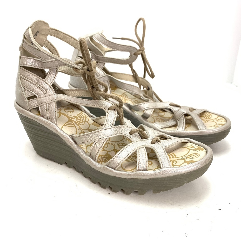 FLY LONDON Silver Wedge Cage Sandals Shoes sz 38